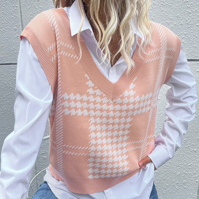 Pink Houndstooth Sweater Vest with V-Neck