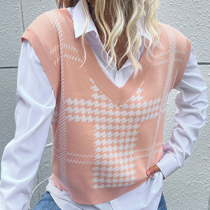 Pink Houndstooth Sweater Vest with V-Neck