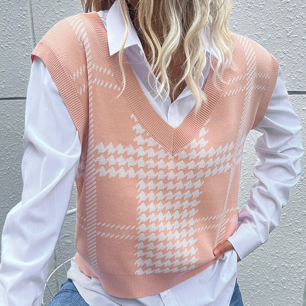 Pink Houndstooth Sweater Vest with V-Neck