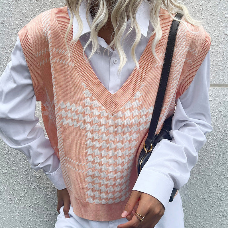 Pink Houndstooth Sweater Vest with V-Neck