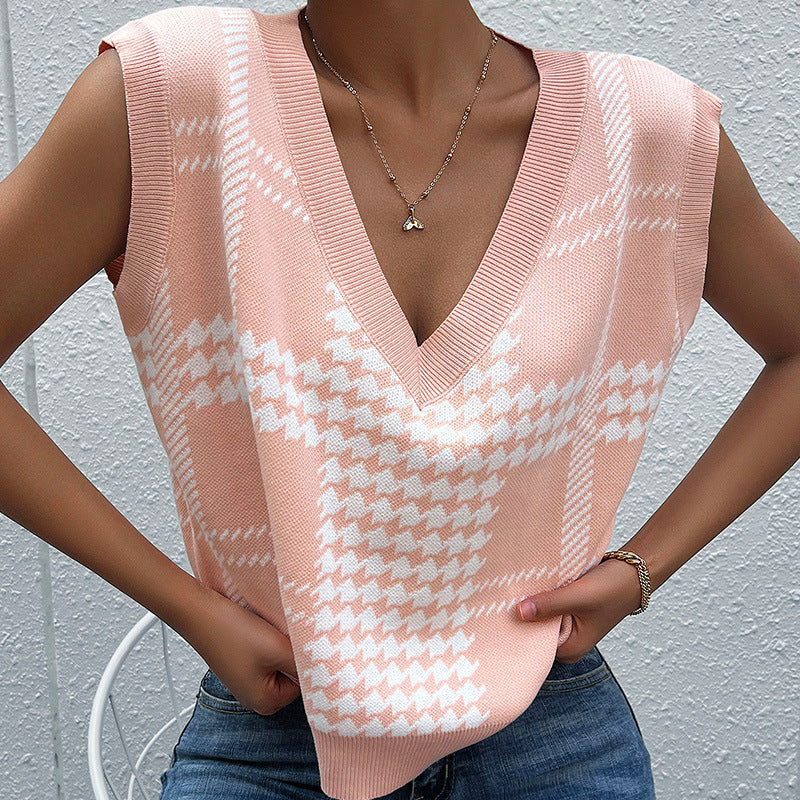 Pink Houndstooth Sweater Vest with V-Neck