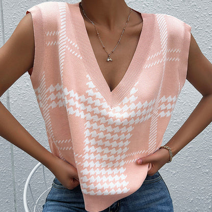 Pink Houndstooth Sweater Vest with V-Neck