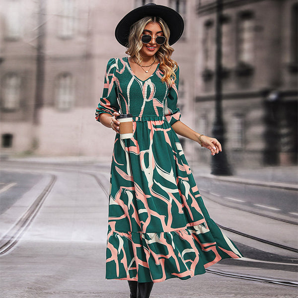 Abstract Print Maxi Dress with Ruched Bodice and Ruffled Hem