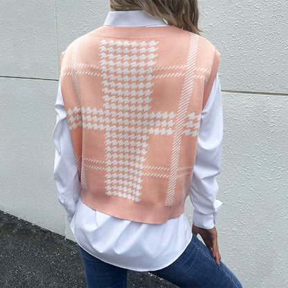 Pink Houndstooth Sweater Vest with V-Neck