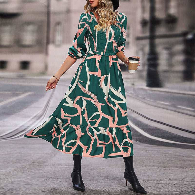 Abstract Print Maxi Dress with Ruched Bodice and Ruffled Hem