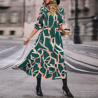 Abstract Print Maxi Dress with Ruched Bodice and Ruffled Hem