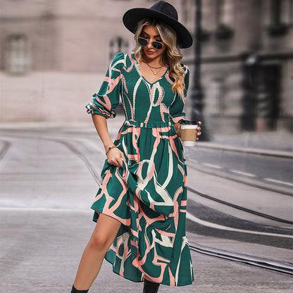 Abstract Print Maxi Dress with Ruched Bodice and Ruffled Hem