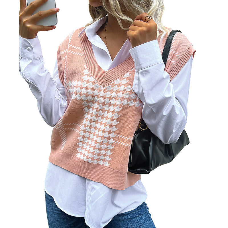 Pink Houndstooth Sweater Vest with V-Neck