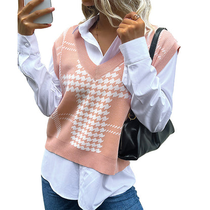 Pink Houndstooth Sweater Vest with V-Neck