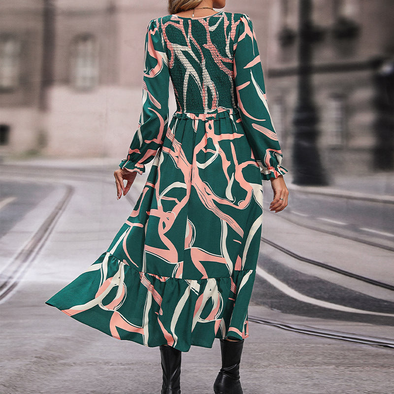 Abstract Print Maxi Dress with Ruched Bodice and Ruffled Hem