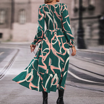Abstract Print Maxi Dress with Ruched Bodice and Ruffled Hem