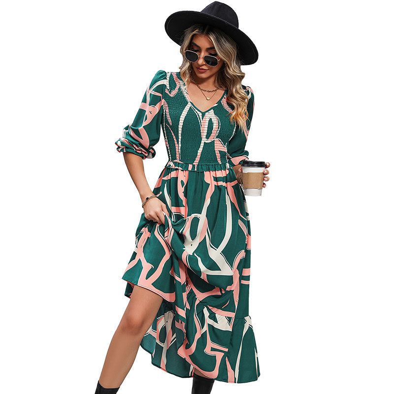 Abstract Print Maxi Dress with Ruched Bodice and Ruffled Hem