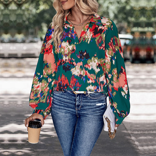 Green Floral Print Blouse with V-Neck Lapel and Balloon Sleeves