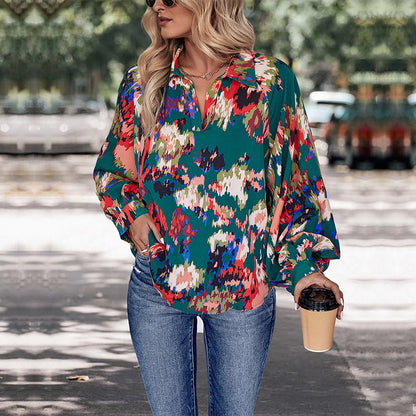 Green Floral Print Blouse with V-Neck Lapel and Balloon Sleeves