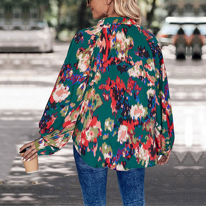 Green Floral Print Blouse with V-Neck Lapel and Balloon Sleeves