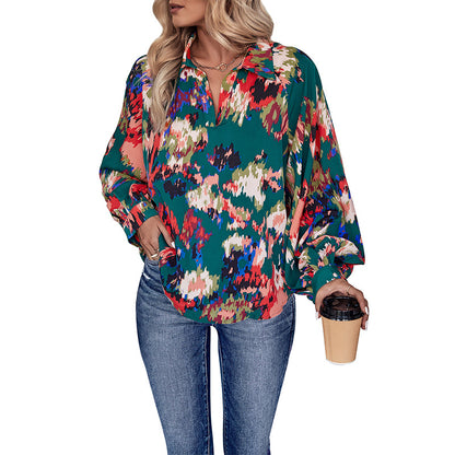 Green Floral Print Blouse with V-Neck Lapel and Balloon Sleeves
