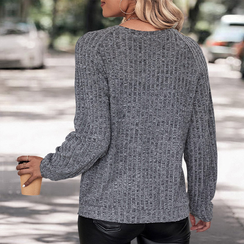 Ribbed Knit Sweater with Long Sleeves and Crew Neck