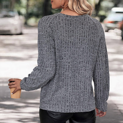 Ribbed Knit Sweater with Long Sleeves and Crew Neck