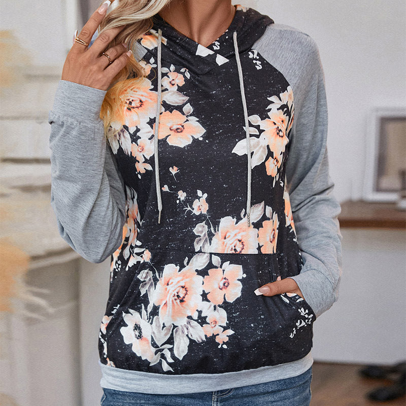 Floral Print Hoodie with Color Block Raglan Sleeves