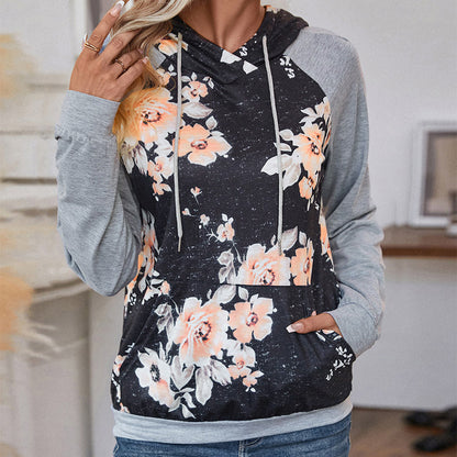 Floral Print Hoodie with Color Block Raglan Sleeves