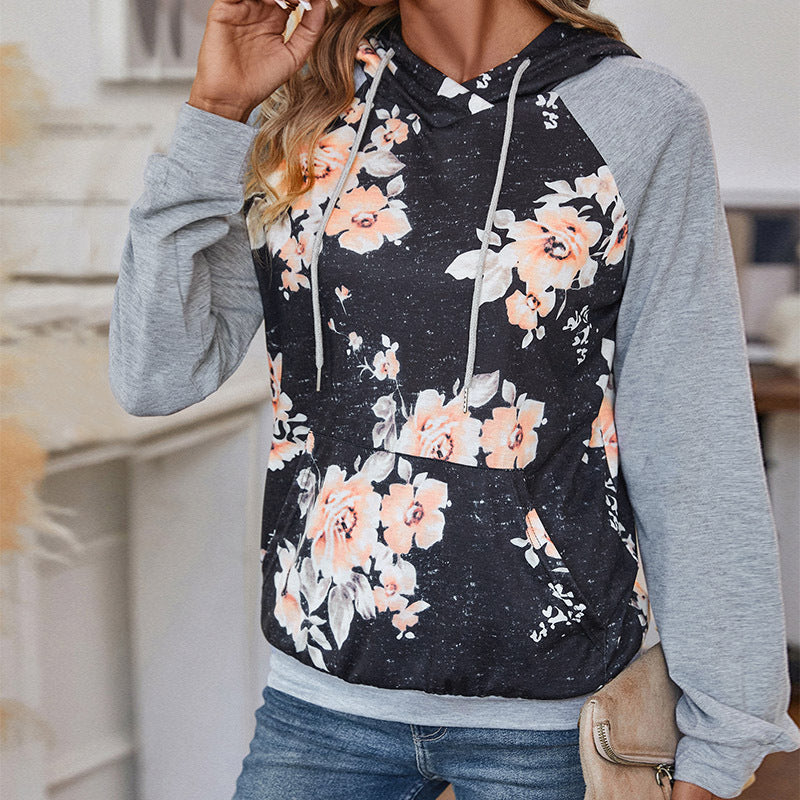 Floral Print Hoodie with Color Block Raglan Sleeves