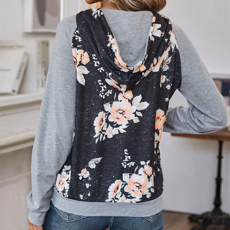 Floral Print Hoodie with Color Block Raglan Sleeves