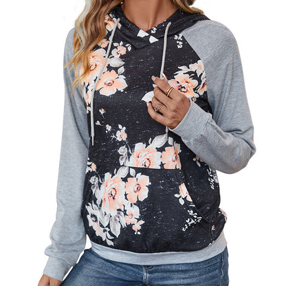 Floral Print Hoodie with Color Block Raglan Sleeves