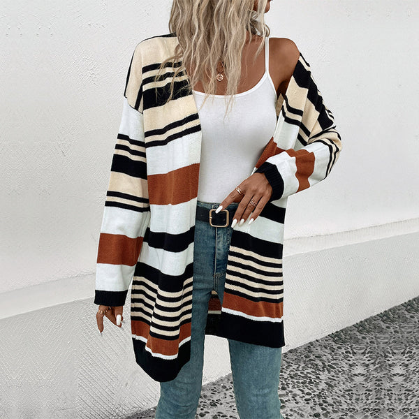 Color-Blocked Striped Long Cardigan with Open Front