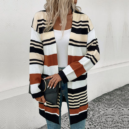 Color-Blocked Striped Long Cardigan with Open Front