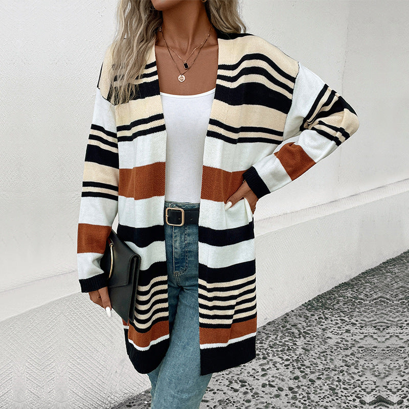Color-Blocked Striped Long Cardigan with Open Front