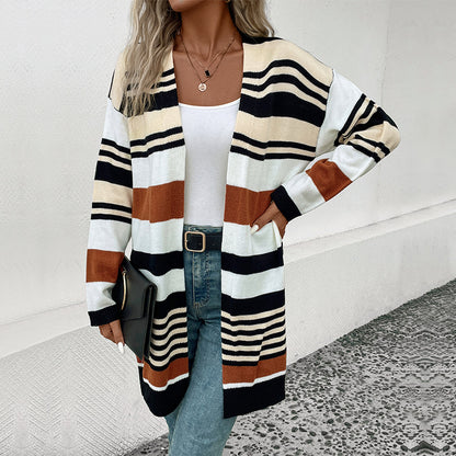 Color-Blocked Striped Long Cardigan with Open Front