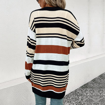 Color-Blocked Striped Long Cardigan with Open Front
