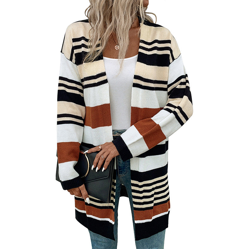 Color-Blocked Striped Long Cardigan with Open Front
