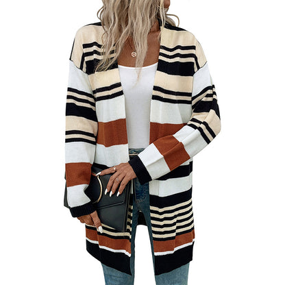 Color-Blocked Striped Long Cardigan with Open Front