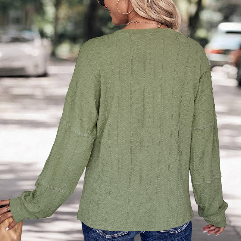 Textured Knit Top with Henley Neck and Long Sleeves