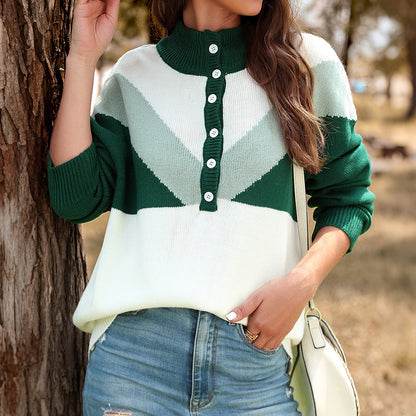 Chevron Color-Blocked Knit Sweater with Stand Collar