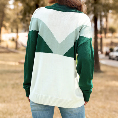 Chevron Color-Blocked Knit Sweater with Stand Collar