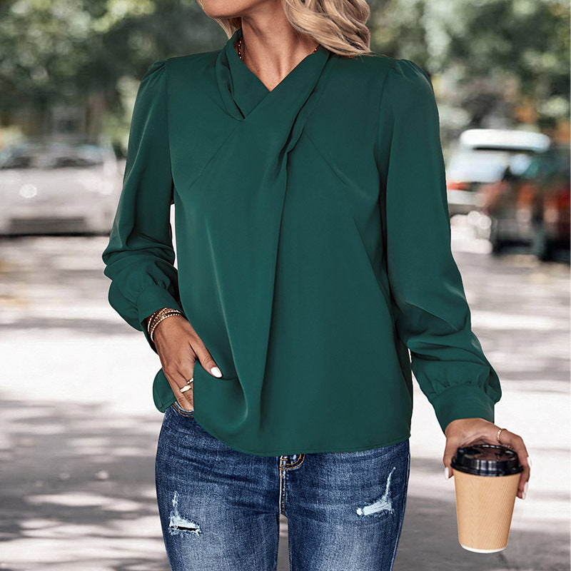 Solid Long Sleeve Blouse with Draped V-Neck