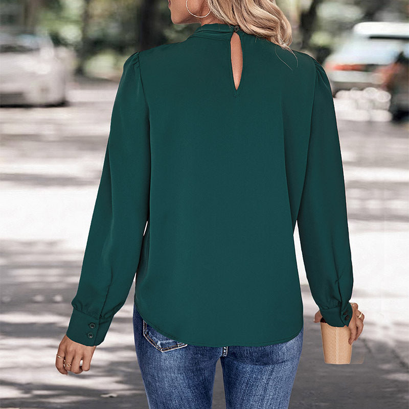 Solid Long Sleeve Blouse with Draped V-Neck