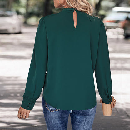 Solid Long Sleeve Blouse with Draped V-Neck