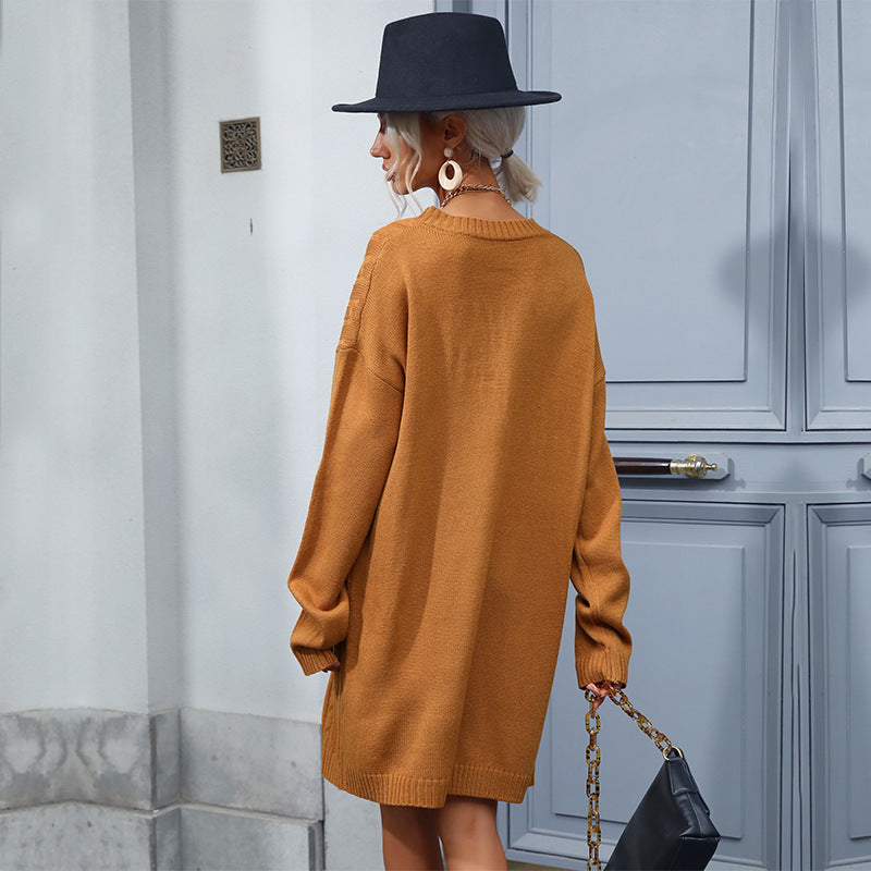 Loose Cable Knit Sweater Dress with Round Neck