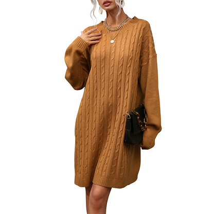 Loose Cable Knit Sweater Dress with Round Neck