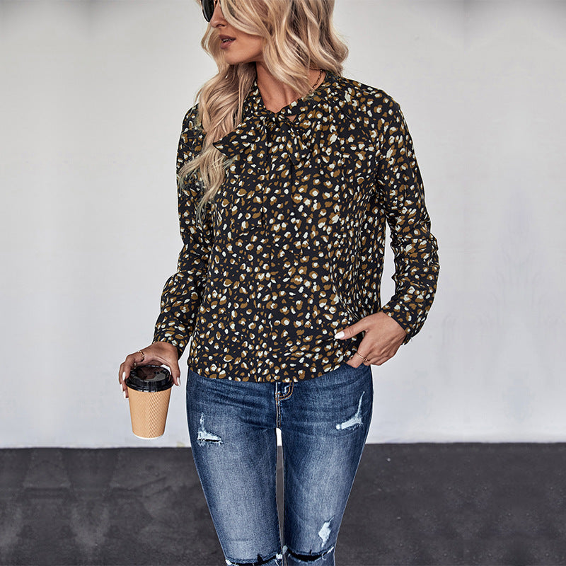 Speckled Print Pullover Blouse with Pussy-Bow Collar