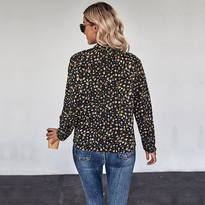 Speckled Print Pullover Blouse with Pussy-Bow Collar