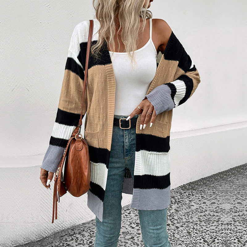 Striped Long Cardigan with Open Front and Pockets