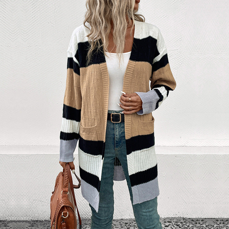 Striped Long Cardigan with Open Front and Pockets