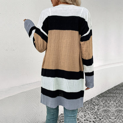 Striped Long Cardigan with Open Front and Pockets
