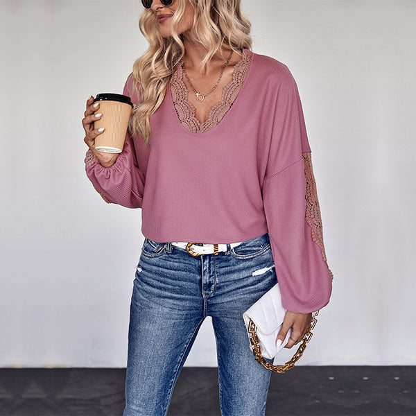 Loose Fit Solid Long-Sleeve Knit Top with Lace Trim V-Neck