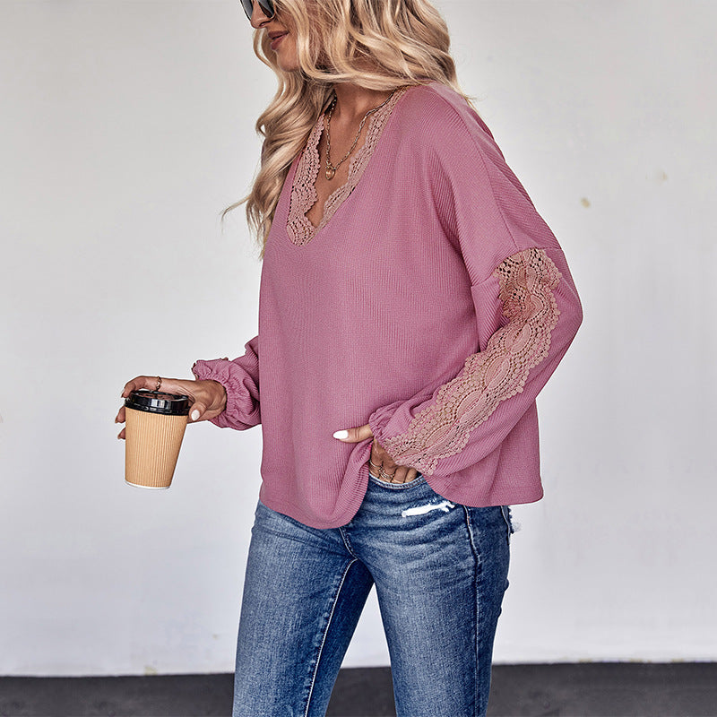 Loose Fit Solid Long-Sleeve Knit Top with Lace Trim V-Neck