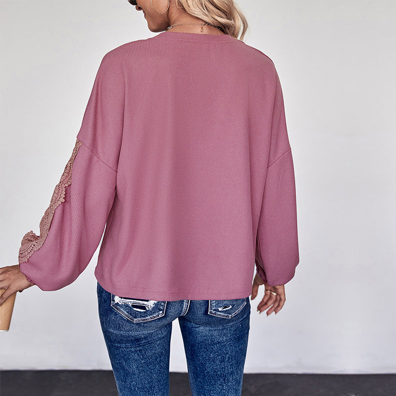 Loose Fit Solid Long-Sleeve Knit Top with Lace Trim V-Neck